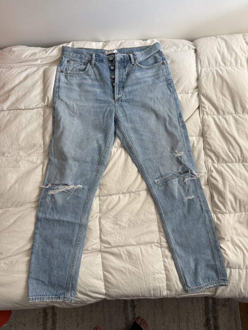 AGOLDE Jamie High Rise Classic Straight Jeans Distressed Knee Raw Hem Size 29